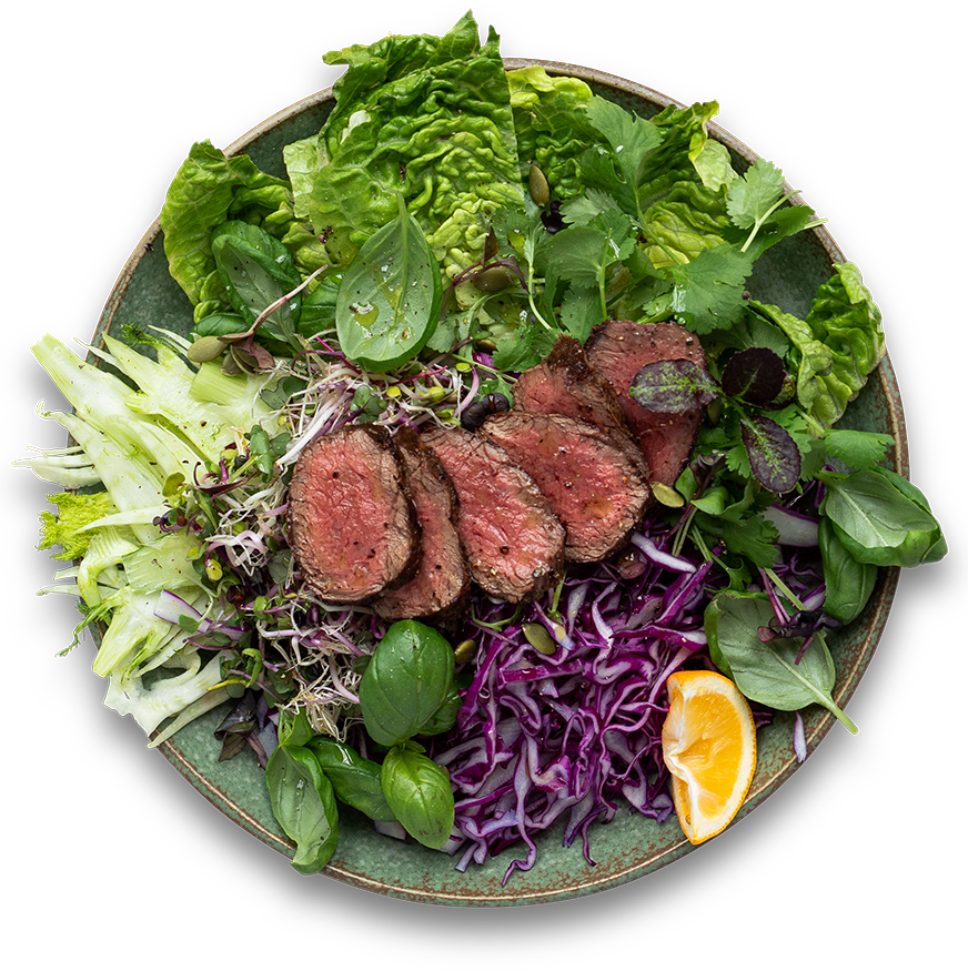 Seared bistro fillet on top a deconstructed salad