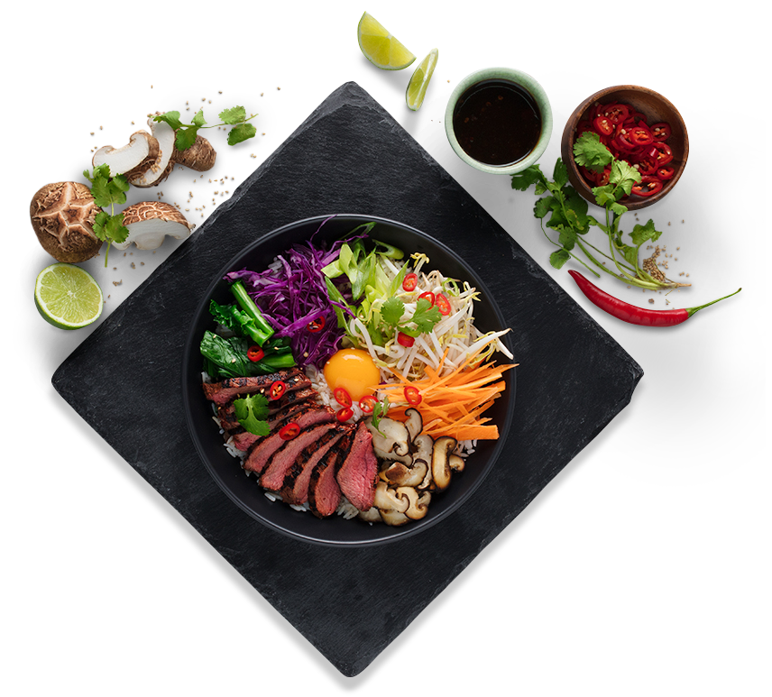 Seared venison fillet on top a deconstructed oriental salad